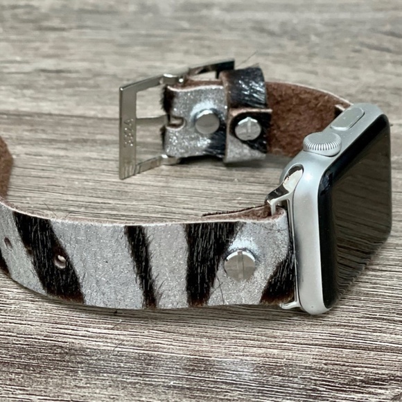 Zebra Print Leather Strap Silver Apple iWatch Band